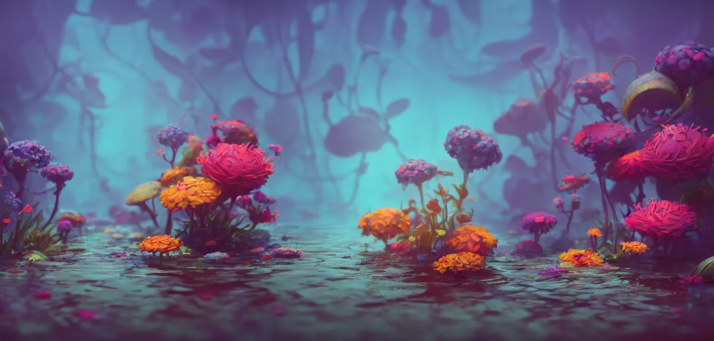 Prompt: colourful murky nature with the flowers in water, in the style of craola, shallow depth of field, highly detailed, digital painting, trending artstation, concept art, illustration, cinematic lighting, vibrant colors, photorealism, epic, octane render