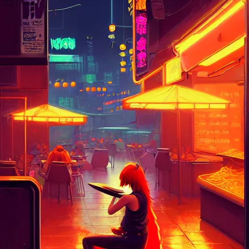 Image similar to splash art of anthropomorphic female vulpes vulpes fulva woman sitting at a noodle stand eating noodles in the crowded street of a cyberpunk city, rain, harsh neon lighting, realistic ultra detailed, by greg rutkowski, wlop, ilya kuvshinov, artgerm