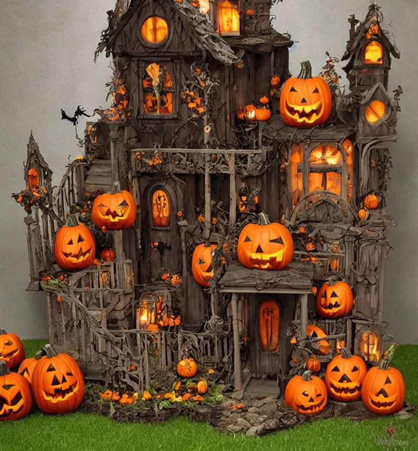 Prompt: a halloween house with pumpkins and jack - o - lantern decorations, a digital rendering by anne stokes, pinterest contest winner, gothic art, grotesque, diorama, made of cardboard