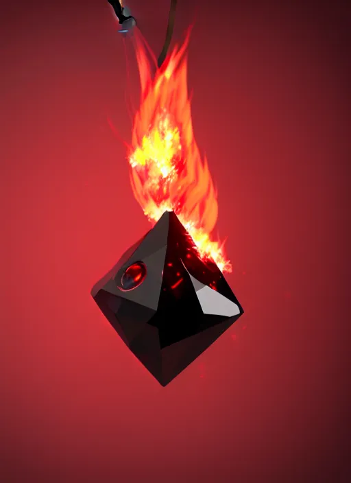 Image similar to rpg item, a black necklace with a bright red diamond in flames, Unreal 5, DAZ, hyperrealistic, rpg style, octane render, dynamic lighting