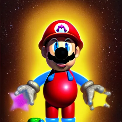 Prompt: a portrait of an alien cosmic psychedelic Super Mario waiting for you in deep space, by Gerald Blum