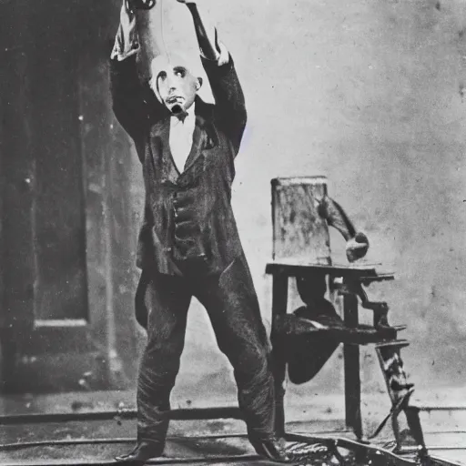 Prompt: vintage photograph of count orlok swinging a hammer over his head, working on the railroad