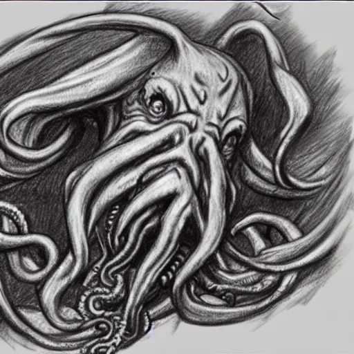 Prompt: a rough pencil sketch of cthulhu rising from a stormy sea highly detailed, dark colors, intricate, 8 k, artstation