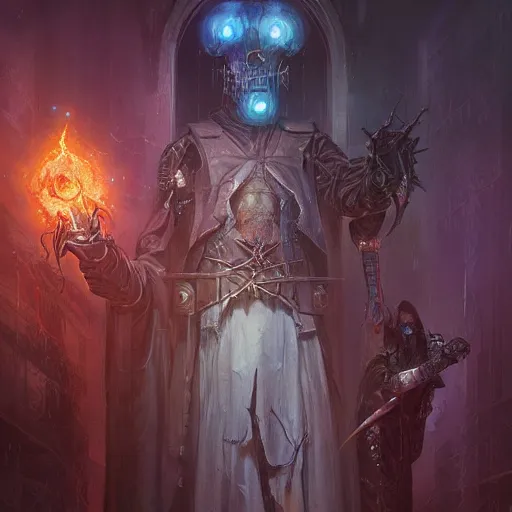 Prompt: a beautiful portrait of a cyberpunk necromancer conjuring arcane temporal magical spell from the souls of defeated warriors, detailed and ultrarealistic matte painting by Greg hildebrandt and Greg rutkowski