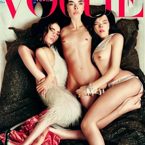 Image similar to stunning vogue magazine photo of dark - haired goddesses vanessa kirby, hailee steinfeld, and bjork smiling, legs intertwined, laying back on the bed, with wet faces!!, wet lips, smooth skin, perfect eyes, insanely detailed, elegant, by wlop, rutkowski, livia prima, mucha, wlop,