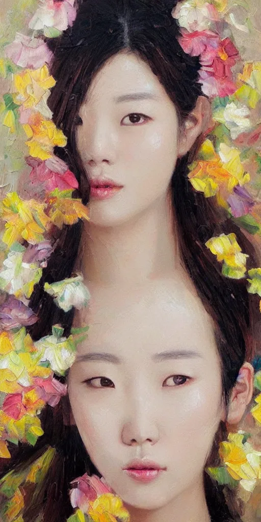 Image similar to beautiful highly detailed and expressive oil painting of a korean woman's face formed by petals, masterpiece, dynamic lighting,