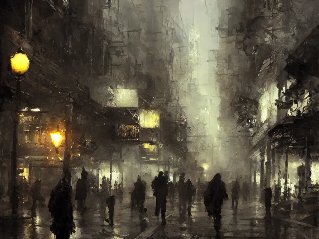Image similar to detailed street scene, volumetric lighting, painting by jeremy mann