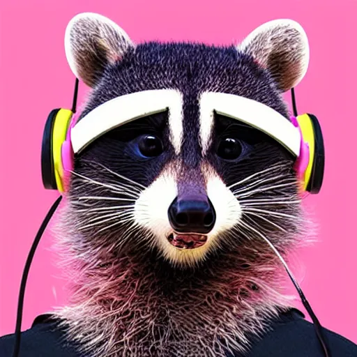 Image similar to racoon wearing pink headphones, chad, poster style, vivid colors