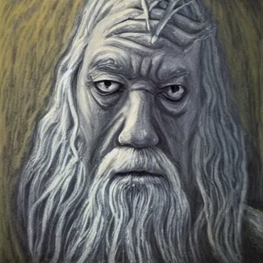 Prompt: “Gandalf the Grey in a prison cell contemplating escape, oil pastel.”