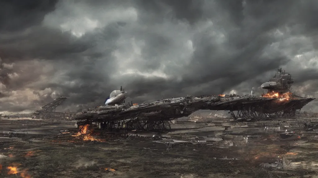 Prompt: an immense steampunk aircraft carrier crashed and burning in a field, thick black smoke billowing, turbulent storm clouds, dystopian, sharp focus, octane render, imax