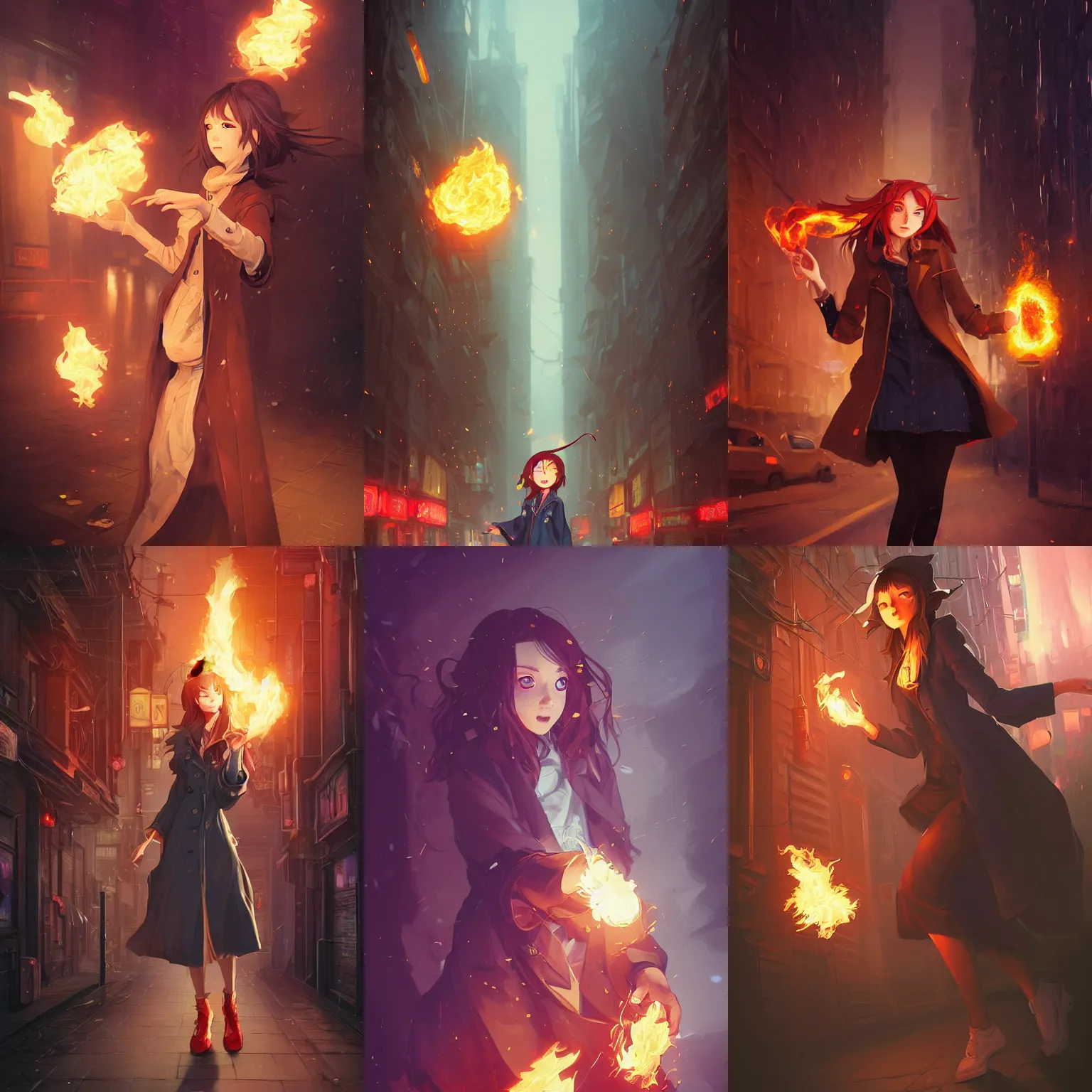 Prompt: a portrait of a cute female wizard wearing a flowing very stylish trenchcoat, grasping a fireball, fireball lighting her face, embers flying, urban fantasy setting, narrow street, vivid colors, warm lighting, atmospheric, cinematic, moody, in the style of Ilya Kuvshinov and Range Murata, Krenz Cushart, rule of thirds, oil on canvas, 8k