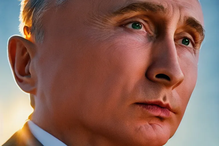 Prompt: a highly detailed cinematic headshot portrait photograph of a frozen vladimir putin stood in a field, golden hour, ultra realistic, depth, beautiful lighting, by annie leibovitz, hasselblad, 1 0 0 mm, bokeh, photorealistic, hyperrealistic, octane, masterpiece