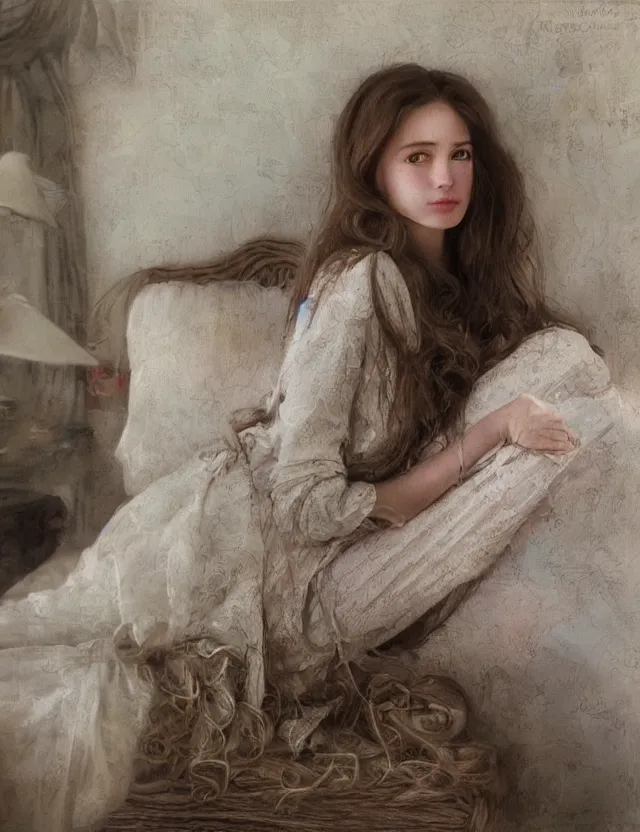 Prompt: beautiful and detailed long hair Aristocrat girl in the cottage in the morning in a Pajama, country style, portrait, Cinematic focus, Polaroid photo, vintage, neutral colors, soft lights, foggy, by Steve Hanks, by Serov Valentin, by lisa yuskavage, by Andrei Tarkovsky 8k render, detailed, oil on canvas