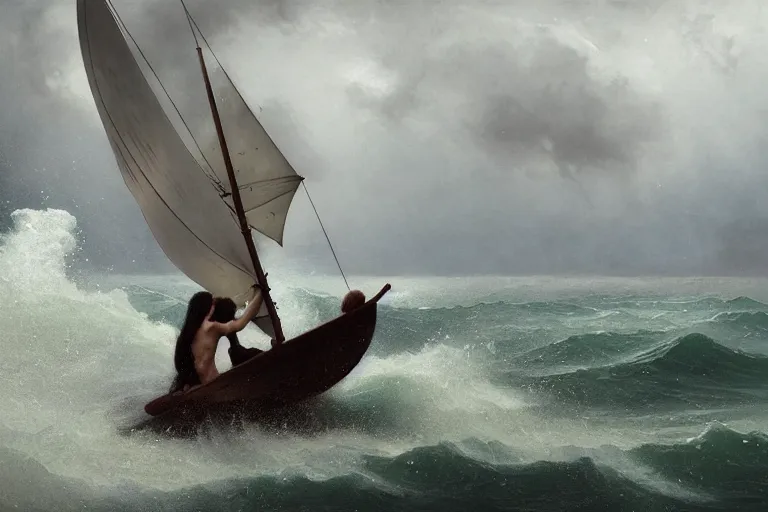 Image similar to ancient historically accurate depiction of Bible Character walking on water during a storm, a small fishing sailboat with scared sailors on board, dramatic lighting by frank miller, illustration by Ruan Jia and Mandy Jurgens and William-Adolphe Bouguereau, Artgerm, 4k, digital art, surreal, space dandy style, highly detailed, godsend, artstation, digital painting, concept art, smooth, sharp focus, illustration by Ruan Jia and Mandy Jurgens and William-Adolphe Bouguereau, Artgerm