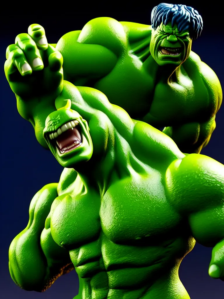 Image similar to hyperrealistic rendering, hulk by bernie wrightson and killian eng and joe fenton, product photography, action figure, sofubi, studio lighting, colored gels, colored background