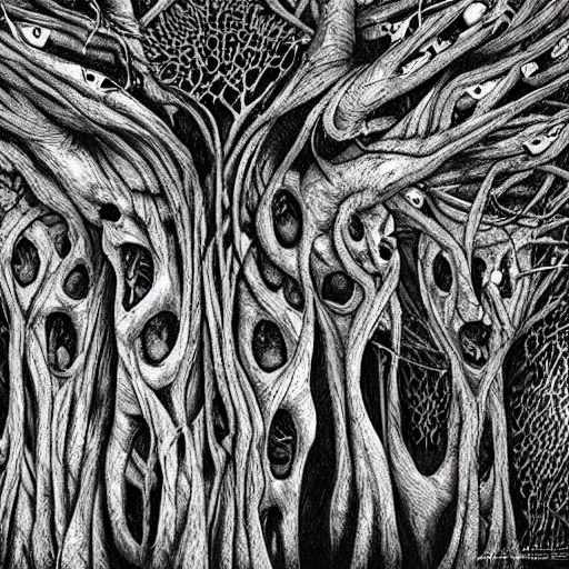 Image similar to “trees with faces twisted in pain, horror, dark, concept art, high quality, hyper-detailed, intricate”