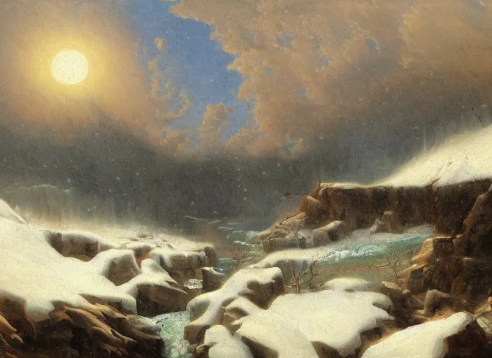 Prompt: earth after the cretaceous – paleogene extinction event, a harsh winter cools down the earth, blizzards envelop the lands, in the style of hudson river school of art, oil on canvas