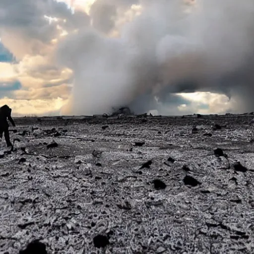 Prompt: last selfie of last alive ukrainian very damaged body to bones running from nuclear explosion, dead bodies on the ground, black snow, 2 0 2 2