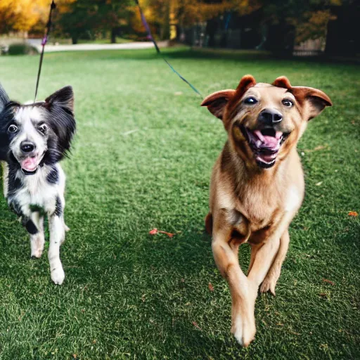 Prompt: two happy dogs on a walk in a park by sam bosma, 4 k