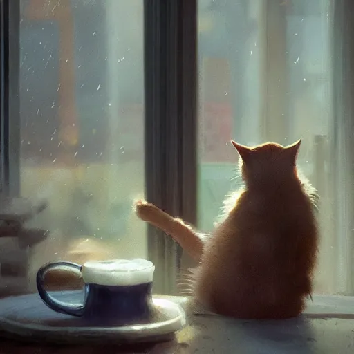 Image similar to a cat in the tavern holding a mug of beer, early morning light from window, craig mullins, hayao miyasaki, artstation, 3 d render, octane