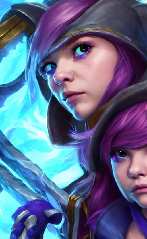 Image similar to Chloë Grace Moretz as a character in the game League of Legends, with a background based on the game League of Legends, detailed face, old 3d graphics