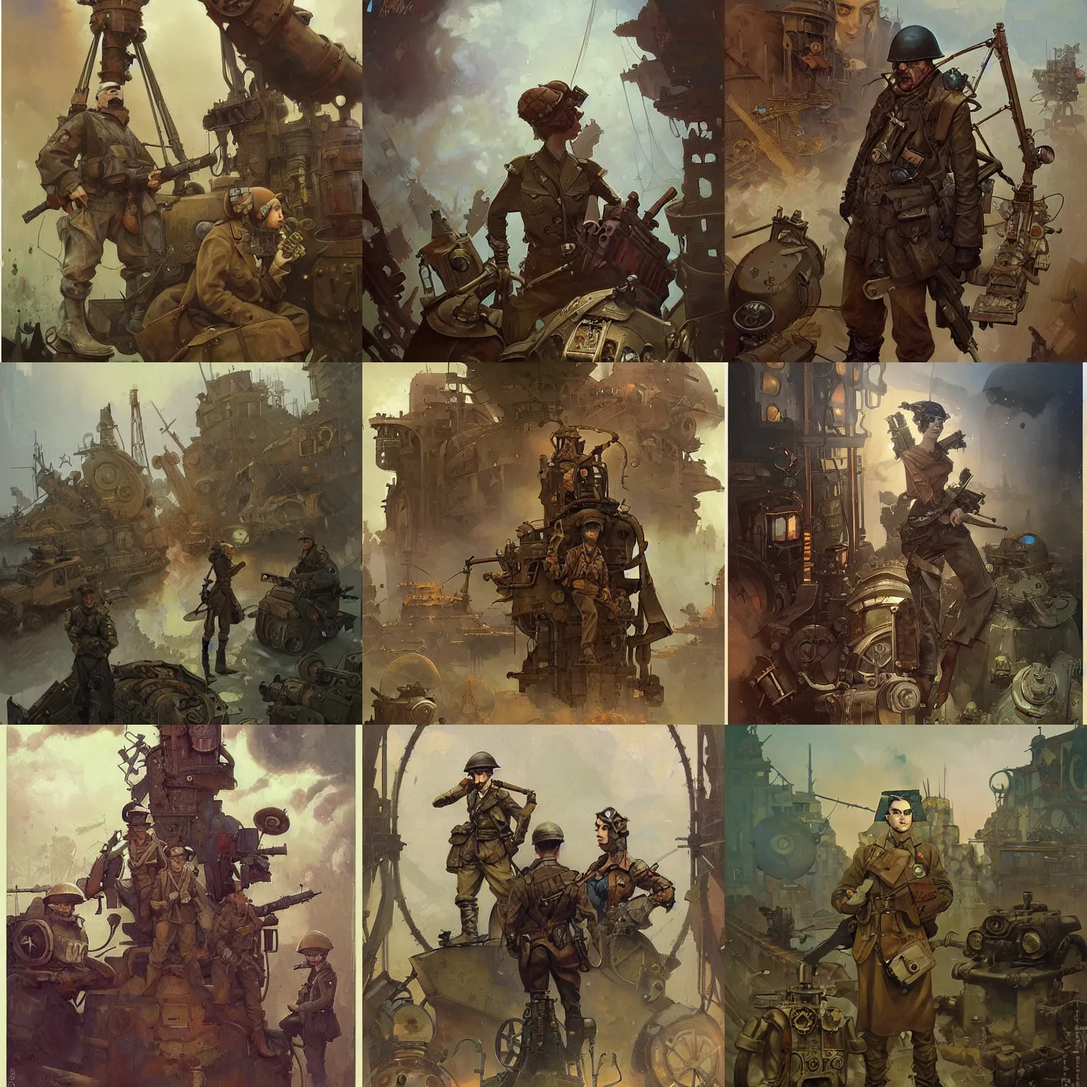 Prompt: wwii, steampunk, oil painting. by aftermov leonid and tony sandoval and lorenzo lanfranconi and greg rutkowski and peter mohrbacher and alphonse mucha