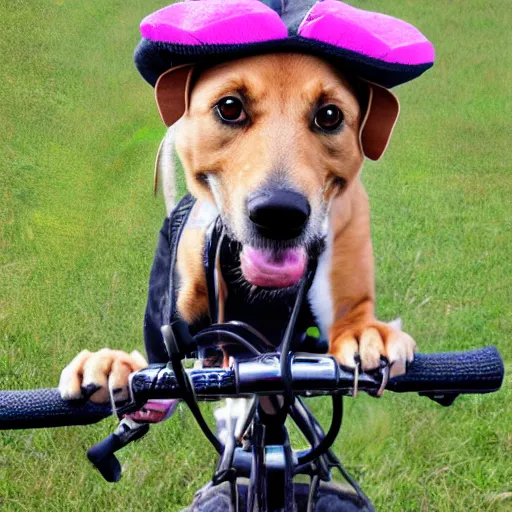 Prompt: dog riding a bike with funny hat that says LOL, 8k