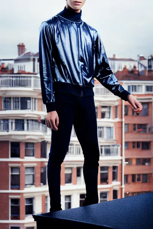 Image similar to un ultra high definition studio quality photographic art portrait of a young man standing on the rooftop of a british apartment building wearing soft padded silver pearlescent clothing. three point light. extremely detailed. golden ratio, ray tracing, volumetric light, shallow depth of field. set dressed.