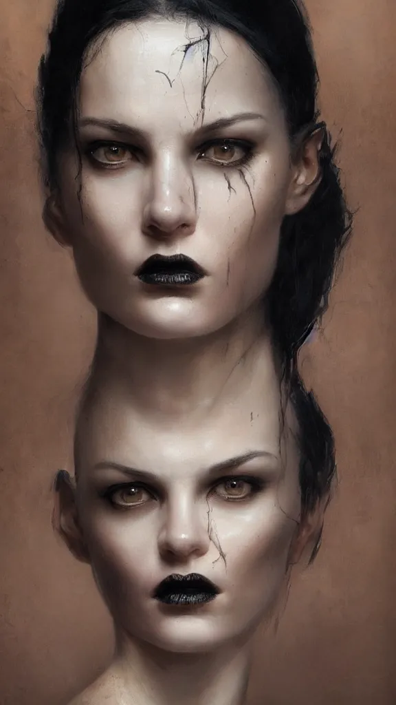 Image similar to Face of a beautiful woman with very black hair, intimidating woman, large black eyes, high forehead, smooth pale skin, ethereal skin, ominous, eldritch. oil painting by nuri iyem, james gurney, james jean, greg rutkowski, highly detailed, soft lighting, chiaroscuro