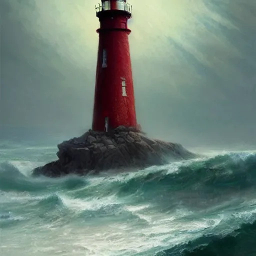 Prompt: a beautiful painting of a singular lighthouse, shining its light across a tumultuous sea of blood by greg rutkowski and thomas kinkade, trending on artstation.