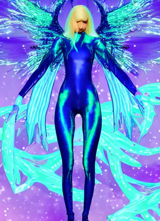 Image similar to a glowing skinny onesie suited angel spirit being, covered with pastel glitter glue slime, fashion model pose, full body maximalist cosmic eldritch character design, early computer graphics