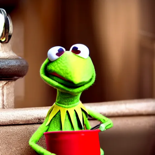 Prompt: Kermit the frog as a sock puppet, ringing a bell, high definition, award winning