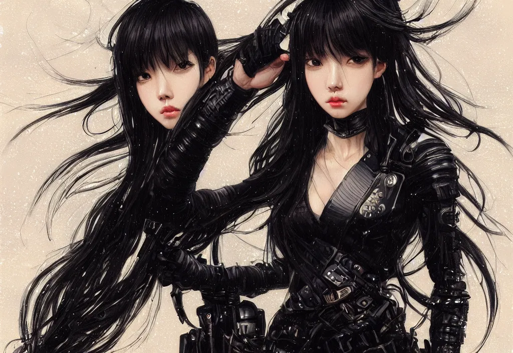 Image similar to portrait lisa blackpink + black hair of futuristic female police, black armored uniform, at futuristic colorpunk tokyo rainy night, ssci - fi and fantasy, intricate and very very very beautiful, highly detailed, digital painting, artstation, concept art, smooth and sharp focus, illustration, art by tian zi and wlop and alphonse mucha