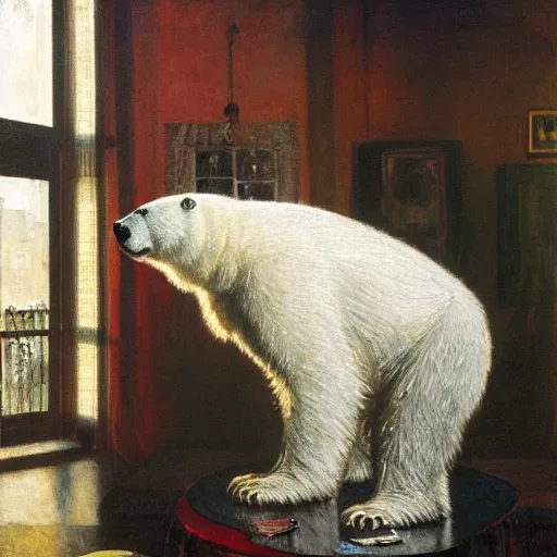 Image similar to portrait of a chubby bearded polar bear, white and silver hair, dressed in a plaid sweater, glowing with silver light, painting by Franz Marc, by Jean-Léon Gérôme, by Winsor McCay, today's featured photograph, 16K