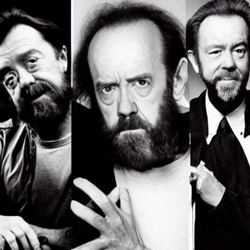 Prompt: alan watts, george carlin, bill hicks, and bill burr in the same room