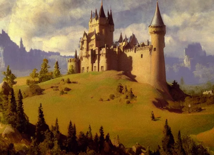 Image similar to painting of a castle on top of a hill, an ultrafine detailed painting by tom roberts, featured on artstation, american barbizon school, matte painting, matte drawing, painterly