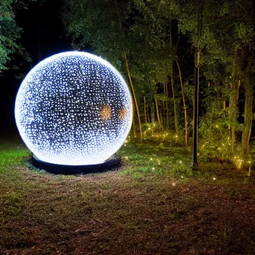 Image similar to forrest illuminated by glowing spheres, night, 5 5 mm