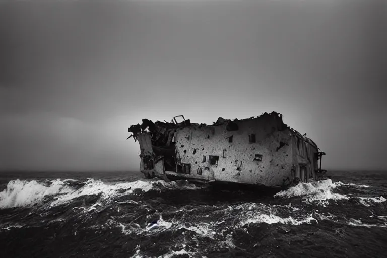 Prompt: danila tkachenko, low key lighting, a ship wreck near an abandoned high soviet apartment building in the middle of the stormy ocean, storm, lighning storm, crashing waves, dramatic lighting