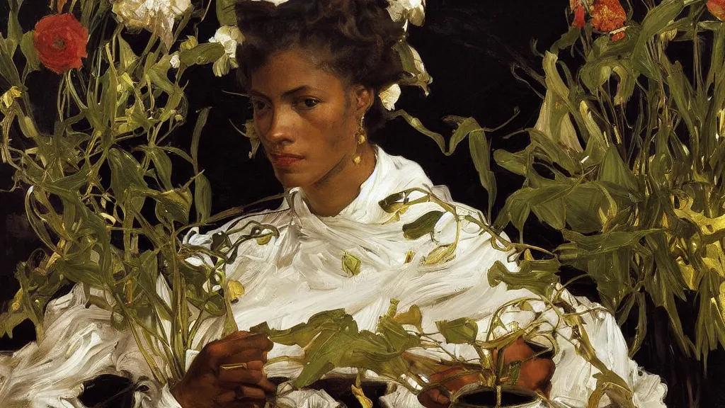 Image similar to high quality high detail painting by lucian freud, jenny savile, ilya repin and john singer sargent, black woman in a white room with many plants, intricate costume design, orientalist, partially gold, ornate, elite, luxury, hd