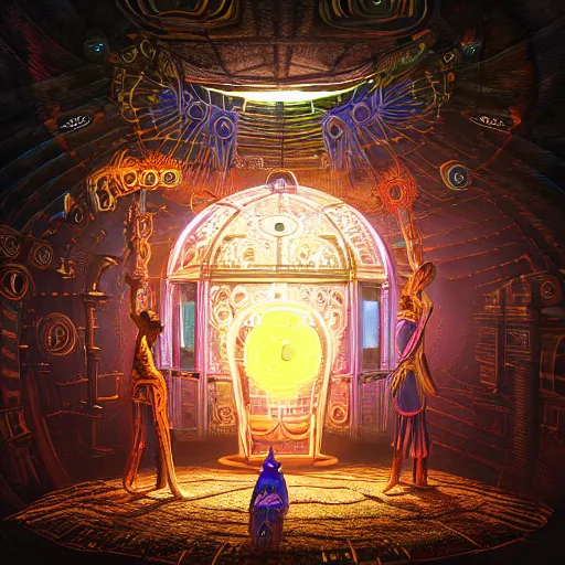 Image similar to symmetry!! a dogon priest opening a steampunk neon portal in the lost realm, with a single glowing hut in the void, by machina infinitum and android jones, surreal psychedelic portrait style, dim lit, rim light, intricate and detailed environment, radiant lighting