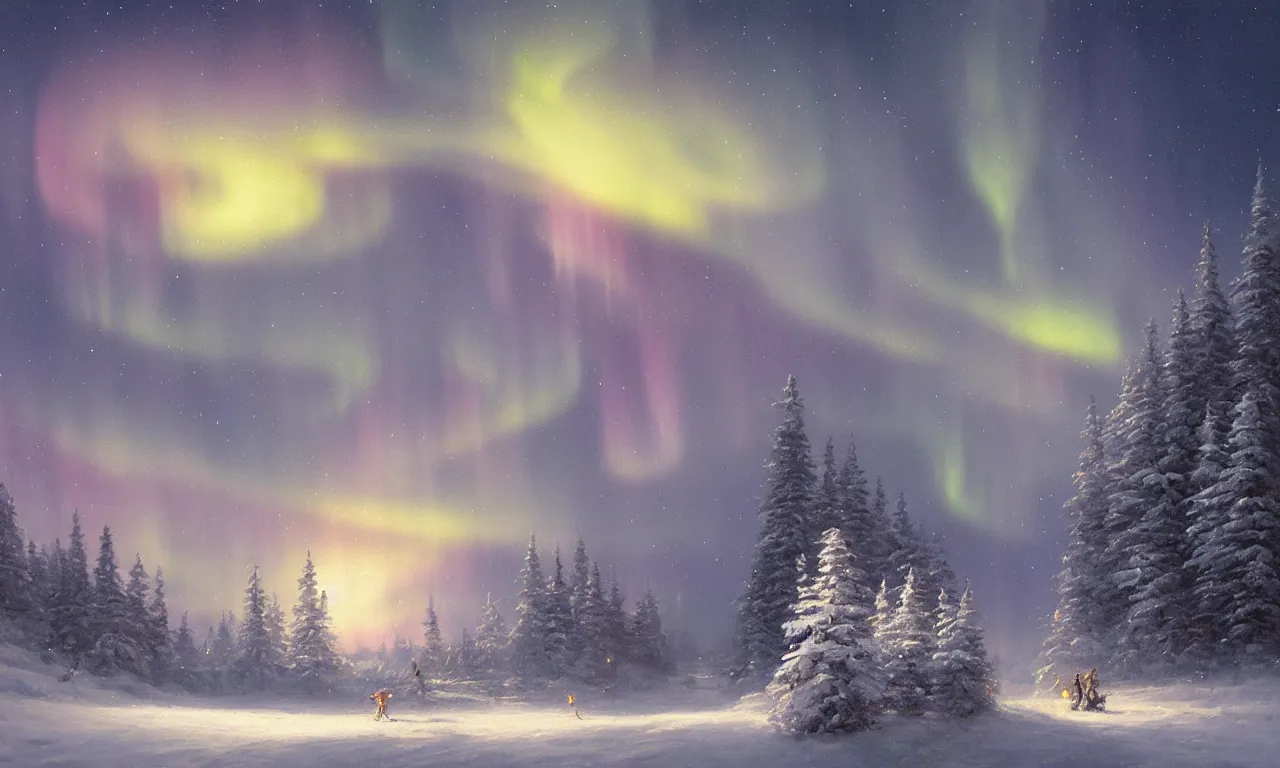 Prompt: a beautiful and detailed mate painting of a snowy aurora landscape at night with northern lights in the sky, art by art by by andreas rocha and martin johnson heade, trending on artstation