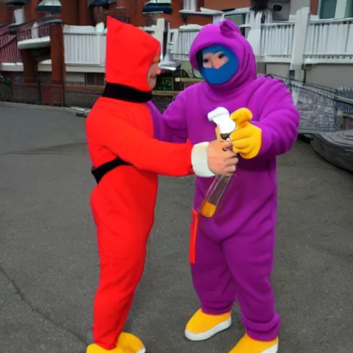 Prompt: teletubie dress as ninja with a mate drink on hand