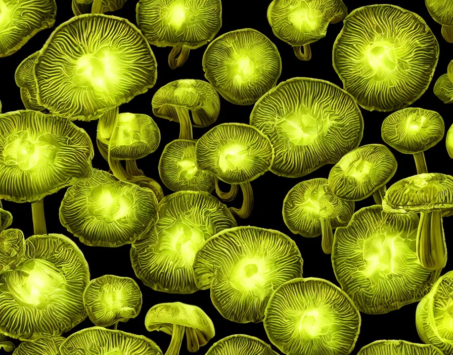 Prompt: a bunch of glowing green mushrooms, black background