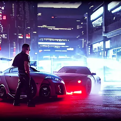 Image similar to cyberpunk Street racer wearing white wife beater and black jacket standing next to red Lancer Evolution X 2077 FRS BRZ C8 GR Supra scene from Bladerunner 2049 Roger Deakins Cinematography movie still 2017