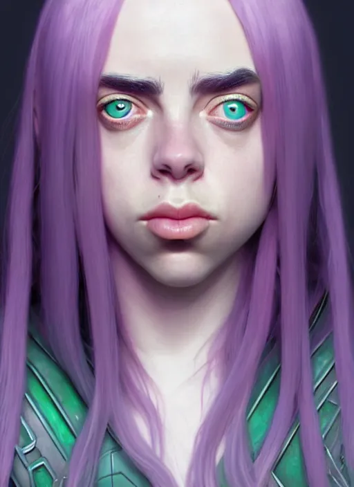 Image similar to Billie Eilish as Female Loki, beautiful facial symmetry, rose pink skin, very detailed, digital art, trending on artstation, smooth render, 8k octane render, digital illustration, by Katsuhiro Otomo and Shigeru Miyamoto and Ian Sprigger