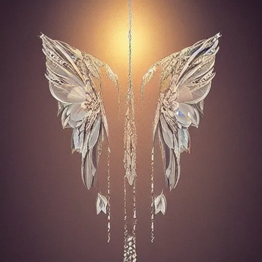 Image similar to pair of fairy wings with an intricate couture chandelier inspired accent design full of swirls, hanging crystals, artstation trending, cgsociety