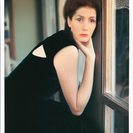 Prompt: Kodachrome long shot photograph of tall pale young woman wearing velvet black dress with thin straps with pinned-back brown hair, looking to the side, leaning on a table, holding dress in a bunch. 8k Photograph. TIME Magazine. Hyperrealistic. Adobe Lightroom.