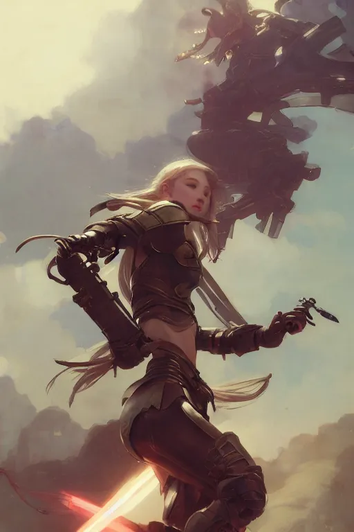 Image similar to girl with armor fighting with ten sword flying around her by hsiao ron cheng, by gaston bussiere, anna nikonova aka newmilky, greg rutkowski, yoji shinkawa, yoshitaka amano, trending on artstation, featured on pixiv, cinematic composition, 8 k