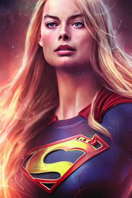 Prompt: majestic and anime key visual margot robbie female supergirl, dc universe, perfect face, beautiful, intricate, epic, elegant, fantasy, highly detailed, digital painting, hard focus, beautiful volumetric lighting, epic light, ultra detailed, by leesha hannigan, ross tran, thierry doizon, kai carpenter, ignacio fernandez rios