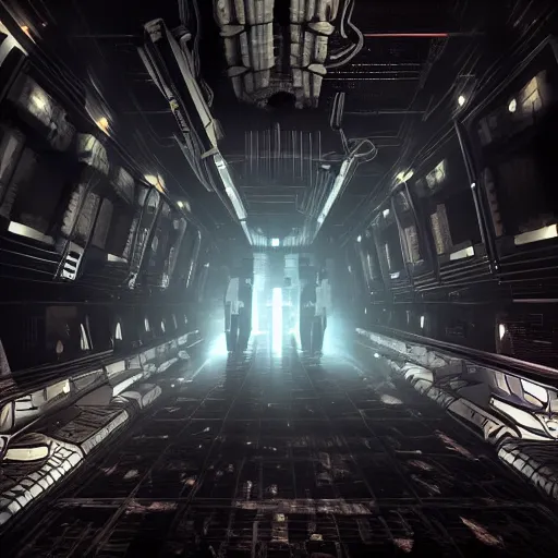 Prompt: a dark sci - fi scene of a spacecraft interior, corridor, rows of doors, sparks from ceiling lights in the style of dead space, cinematic,